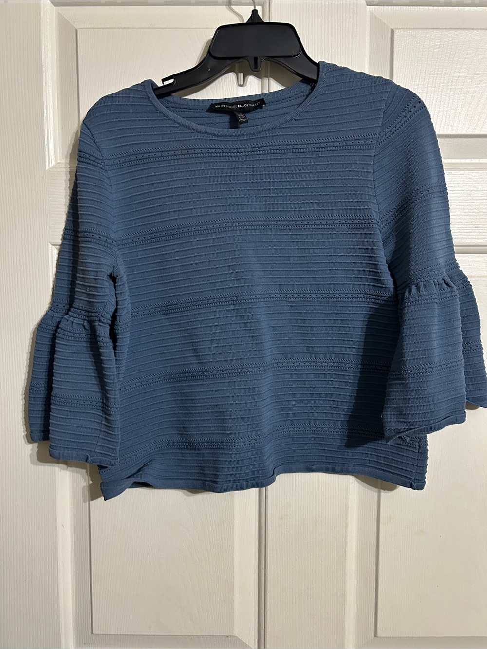 White House Black Market Dusty Blue Ribbed Bell-Sleeve Top